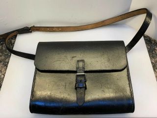 Vintage Messenger Field Shoulder Bag Army Black Leather Restored 11” X 9.  5” X 2”
