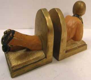 ANTIQUE VINTAGE K&O Co ART DECO BOOKENDS RECLINING FLAPPER GIRL POLYCHROME 8