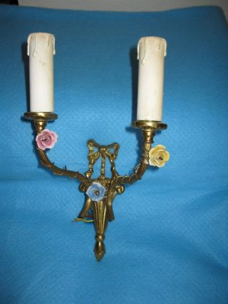 Vintage Charming French Brass Wall Sconce Porcelian Flowers Basket And Bow
