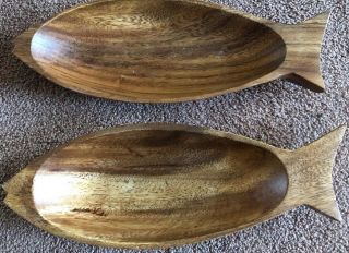 Vintage Acacia Kip Wood Nut Snack Bowls Set Of 2 Fish Shaped