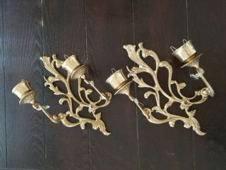 Vintage Antique Brass / Cast Metal Double Candle Wall Sconces
