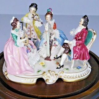 Antique German Dresden Lace Porcelain Figurine Musicians With Dome Marked