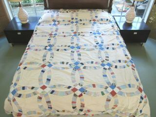 Vintage Hand Pieced Feed Sack Wedding Ring Quilt Top; 92 " Square,
