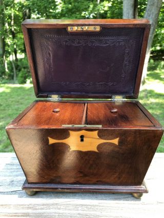 Antique Inlay Wood Tea Caddy Box Coffered Lid W/ 2 Lids
