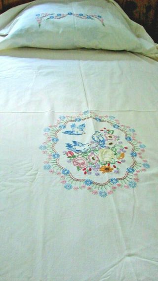 Antique Vtg 1920s 30s Feed Sack Muslin Cotton Embroidered Blue Birds Bedspread