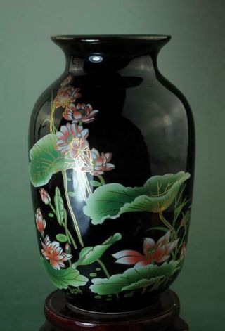 China Old Hand - Made Black Glaze Pastel Porcelain Hand Painted Lotus Vase D01