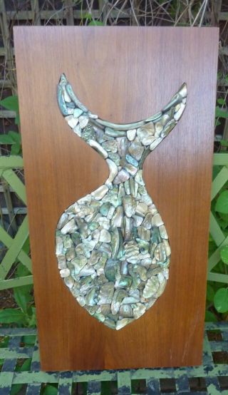 Large Abalone And Teak Wood Mid Century Wall Plaque Fish