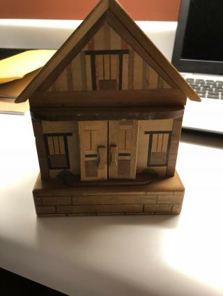 Japanese Vintage Wooden House Bank With Key And Hidden Compartment