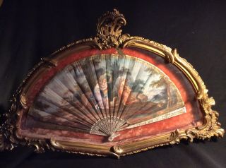 Vintage Silk Ladies Fan In Gilded Frame Shadow Box