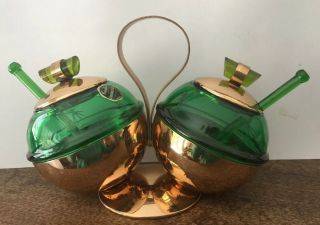 Vintage Green Glass& Brass Condiment Server Antique Mid Century Hand Made