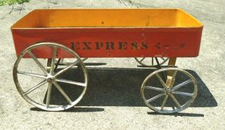 Fine Antique Wood Stencil Tin Toy Express Wagon With Cast Iron Wheels