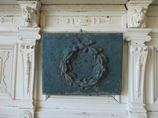 Fabulous Old Small Architectural Zinc Metal Wreath On Wood Chippy Paint Patina