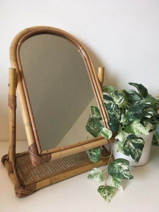 Vintage Wicker Bamboo Rattan Dressing Table Top Vanity Mirror Boho Interior
