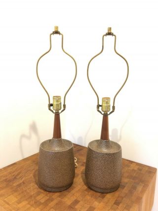 Pair Mid - Century Modern Ceramic And Walnut Lamps Vintage Mcm Martz Style