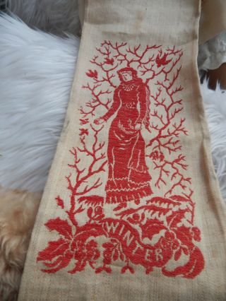 Antique Victorian Red Winter Damask Towel Cloth Red Embrodiery Birds Woman Holly 2