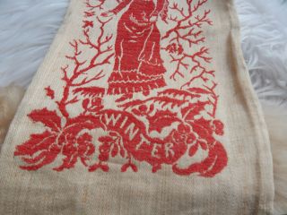 Antique Victorian Red Winter Damask Towel Cloth Red Embrodiery Birds Woman Holly 3