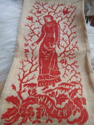 Antique Victorian Red Winter Damask Towel Cloth Red Embrodiery Birds Woman Holly 4