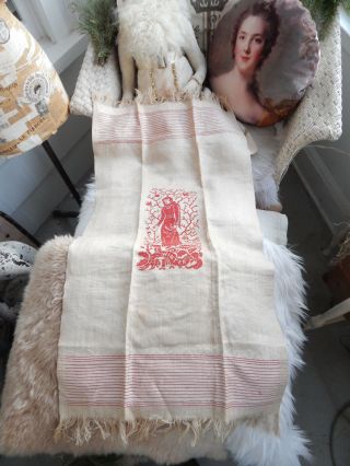 Antique Victorian Red Winter Damask Towel Cloth Red Embrodiery Birds Woman Holly 7