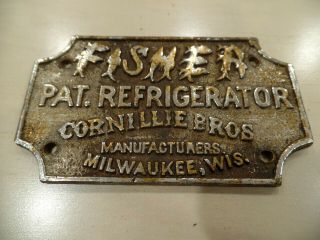 Antique Fisher Ice Box Refrigerator Nickel Brass Name Tag Cornell Bros Milwaukee