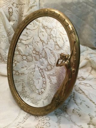 Vtg,  Art Nouveau Brass Lady Frame Mirror,  Flowers.  Deco.  Admiring Her Reflection