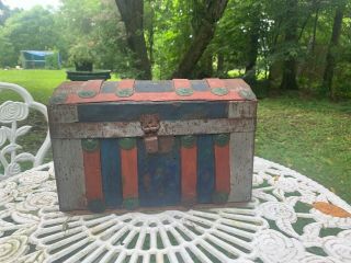 Early 1800’s Miniature Painted & Decorated Tin Dome Top Trunk