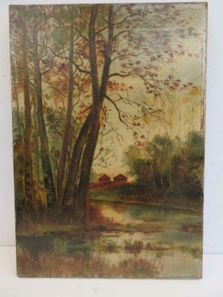 Really Old Painting Oil On Canvas River Wood Land
