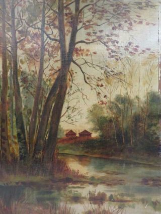 really old PAINTING oil on canvas river wood land 4