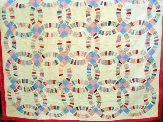 Vintage Quilt Hand Pieced & Quilted 80 " X 80 " Double Wedding Ring Pattern