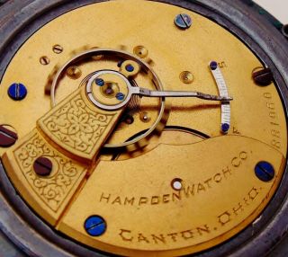 Rare 1894 HAMPDEN 15 Jewels Pocket Watch in TRAVEL CASE Size 18 - RUNS 8