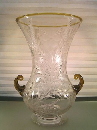 Etched Crystal Glass Vase Urn Amber Handles 10.  5 " Mystery Maker