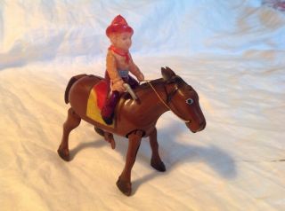 Vintage Occupied Japan Tin Wind Up Mechanical Horse W/celluloid Plastic Rider