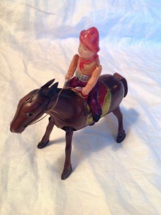 Vintage Occupied Japan Tin Wind Up Mechanical Horse W/Celluloid Plastic Rider 2