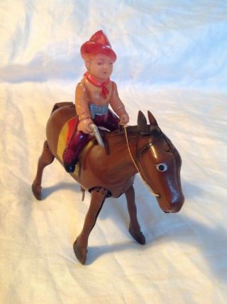 Vintage Occupied Japan Tin Wind Up Mechanical Horse W/Celluloid Plastic Rider 3