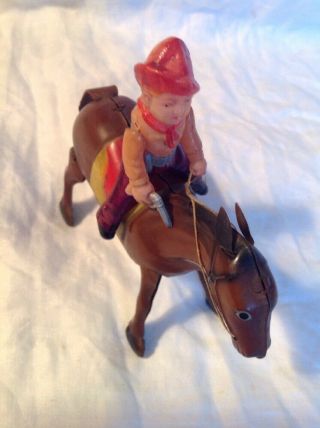 Vintage Occupied Japan Tin Wind Up Mechanical Horse W/Celluloid Plastic Rider 5