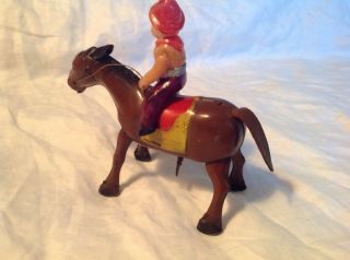 Vintage Occupied Japan Tin Wind Up Mechanical Horse W/Celluloid Plastic Rider 7