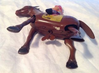 Vintage Occupied Japan Tin Wind Up Mechanical Horse W/Celluloid Plastic Rider 8