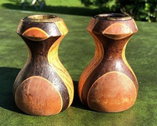 2 Small Teak Mid Century Modern Danish Wood Candle Holders 3” Two Tone Retro Euc