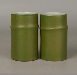 Pair China Old Hand Made Green Glaze Porcelain Bamboo Modeling Brush Pot D01