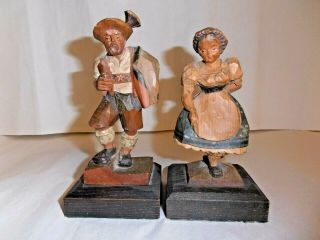 Vintage - German - Black Forest - Wood Carvings - Man & Women - Hand Painted