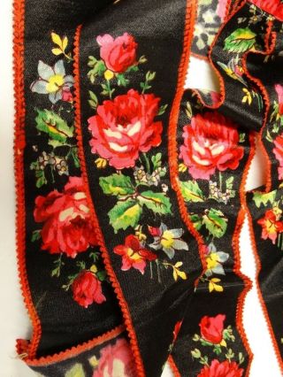 Antique Silk Satin Ribbon Lush Roses Floral Print On Black 3,  Yds