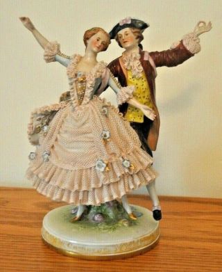 Dresden Lace Figurine Dancing Courting Couple 8 1/2 " Germany