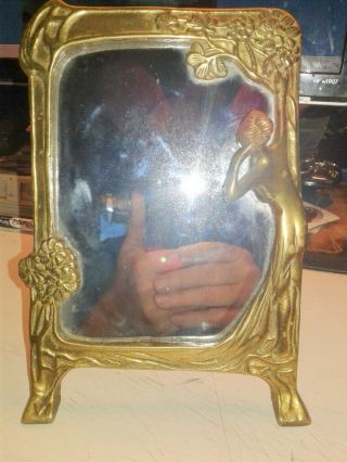 Vintage Brass Frame Art Deco Semi Nude Lady Desk Mirror