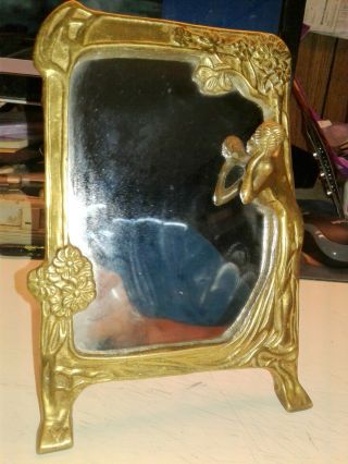 VINTAGE BRASS FRAME ART DECO SEMI NUDE LADY DESK MIRROR 2