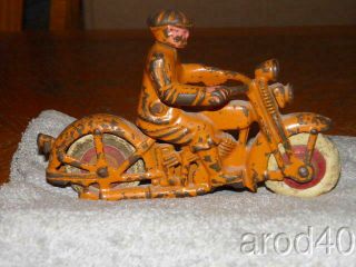 Hubley Cast Iron Orange Harley Davidson Motorcycle With Civilian Rider Look