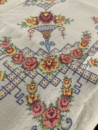 Antique Vintage Cross Stitch Pure Linen Tablecloth Napkin Set