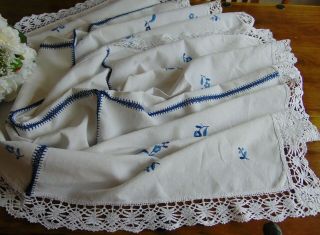 Antique Pure Linen Hand Embroidered/crochet Bobbin Lace Edge Large Tablecloth