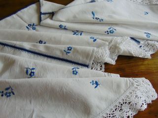 ANTIQUE PURE LINEN HAND EMBROIDERED/CROCHET BOBBIN LACE EDGE LARGE TABLECLOTH 2