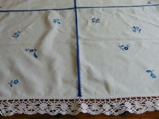 ANTIQUE PURE LINEN HAND EMBROIDERED/CROCHET BOBBIN LACE EDGE LARGE TABLECLOTH 6