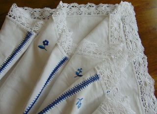 ANTIQUE PURE LINEN HAND EMBROIDERED/CROCHET BOBBIN LACE EDGE LARGE TABLECLOTH 8