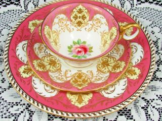 Wedgwood Hand Painted Roses Beaded Gold Pink Tea Cup & Saucer Trio